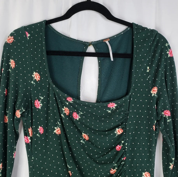Free People Green Pink Flowers Celine Ruched Key Hole Back Mini Dress Sz S. - Picture 4 of 13